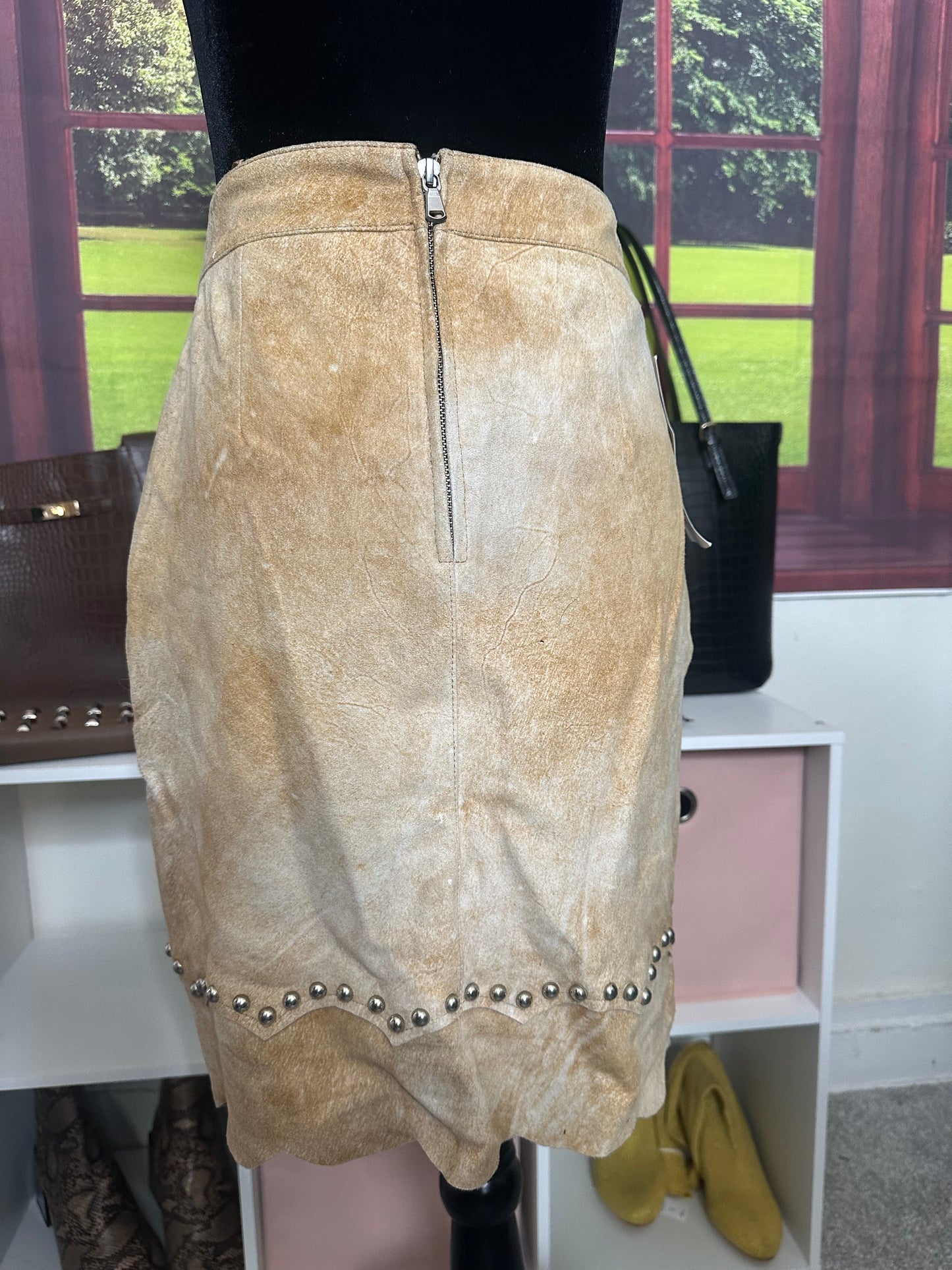 NEW 100% Lamb Jungal Cognac Suede Studded skirt sz 8