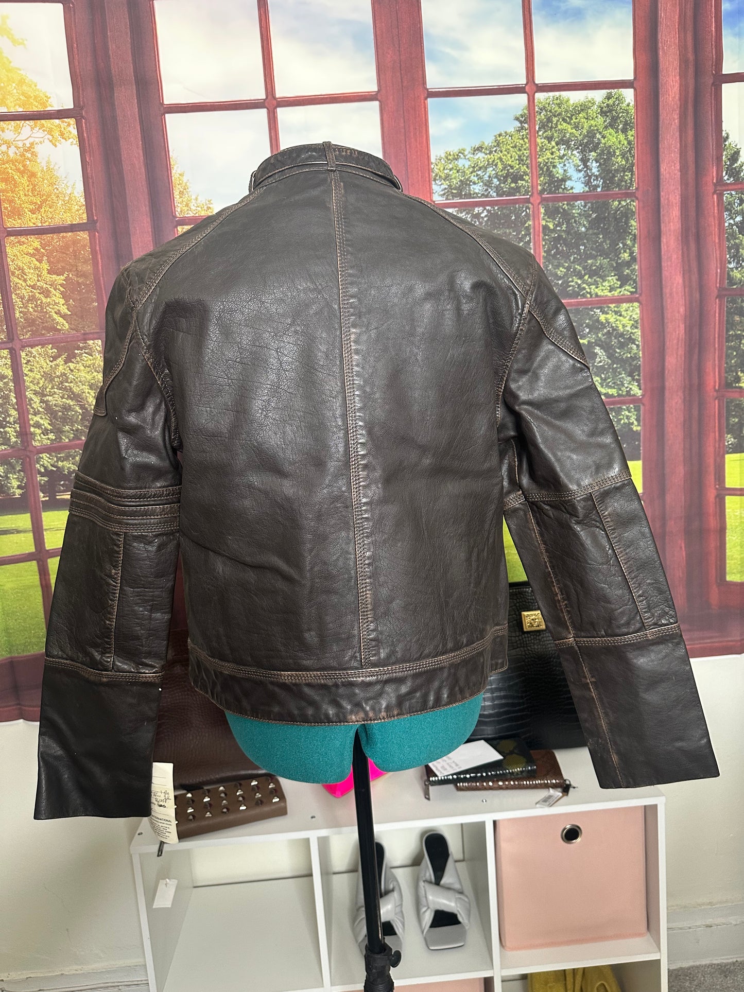 BuKowSkies Brown Leather Moto jacket with red trim sz M