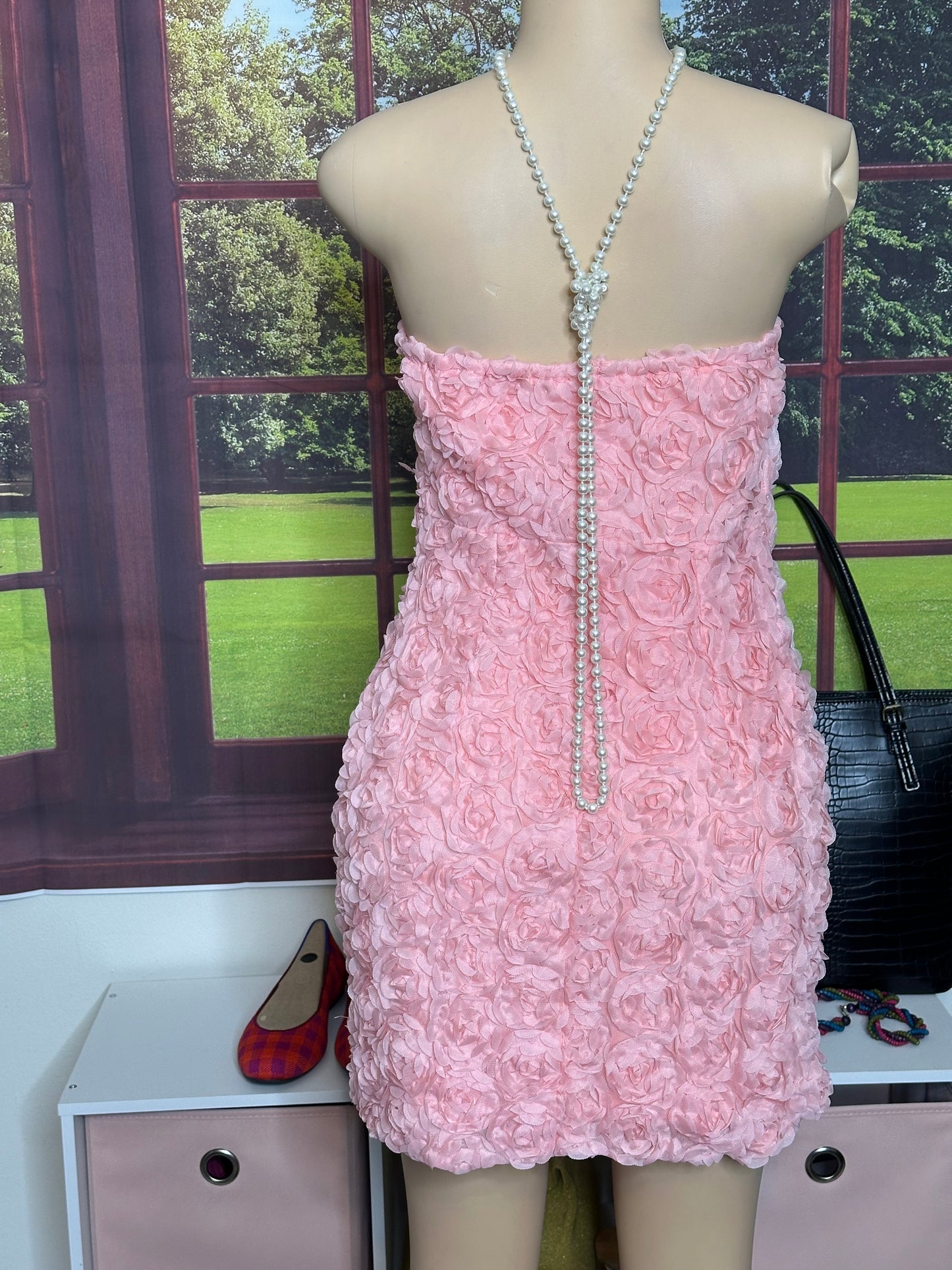 Preloved Shein Pink Rose petal strapless mini dress sz L 8/10