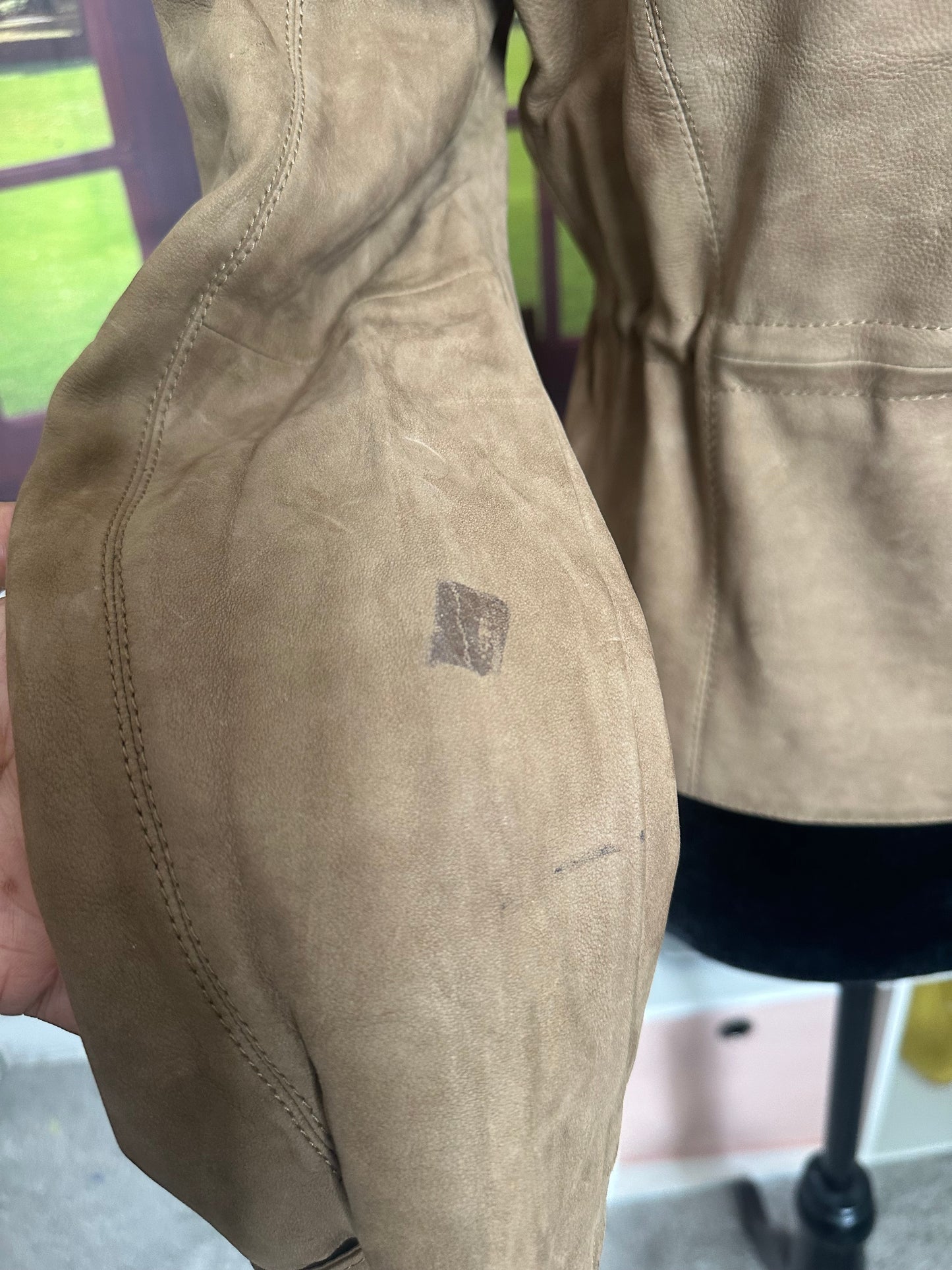 NWOT Sample Khaki 100% Suede Leather jacket with Tie Waist sz S