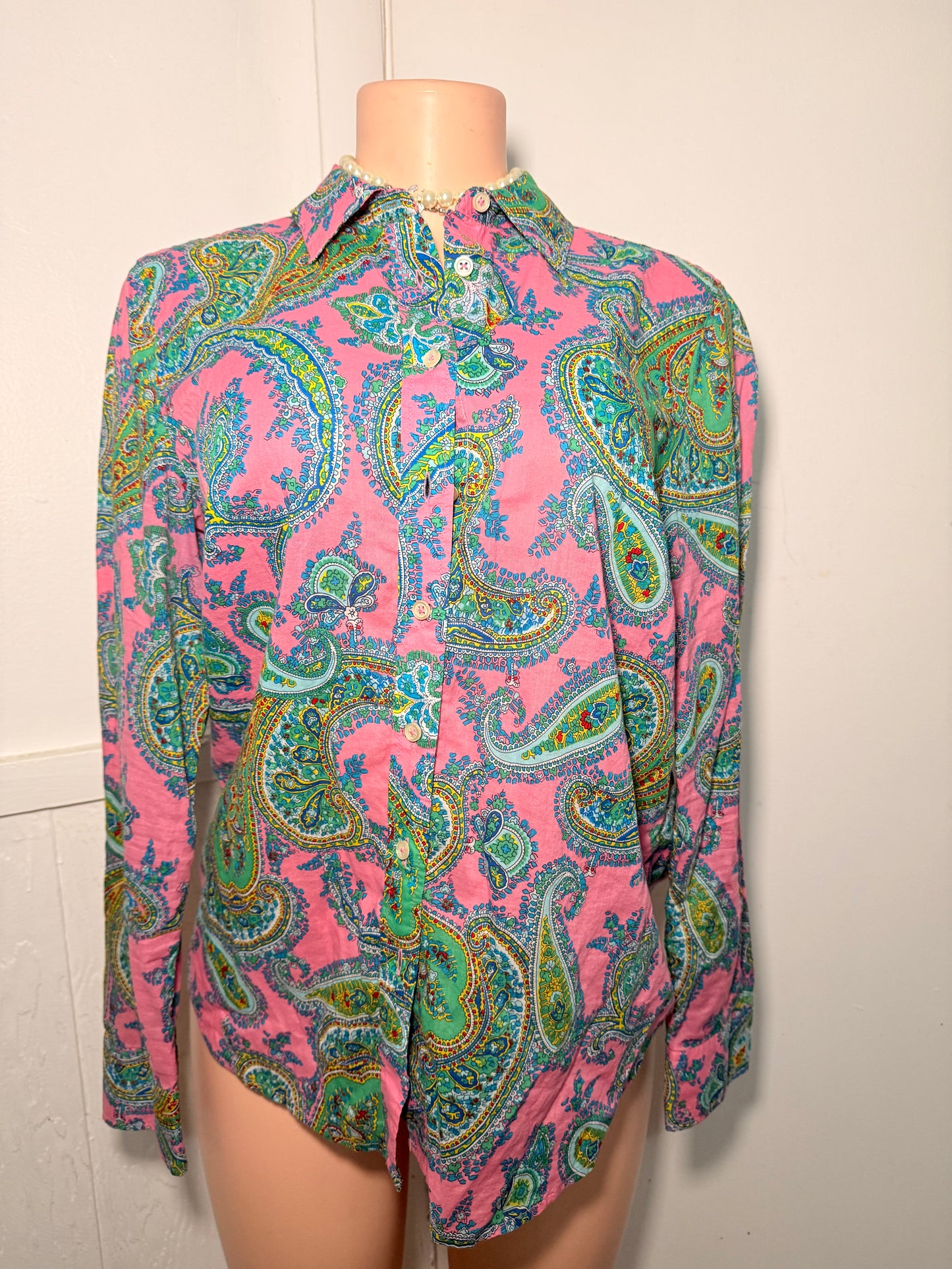 Talbots Pink and green blouse Sz S fits like a med