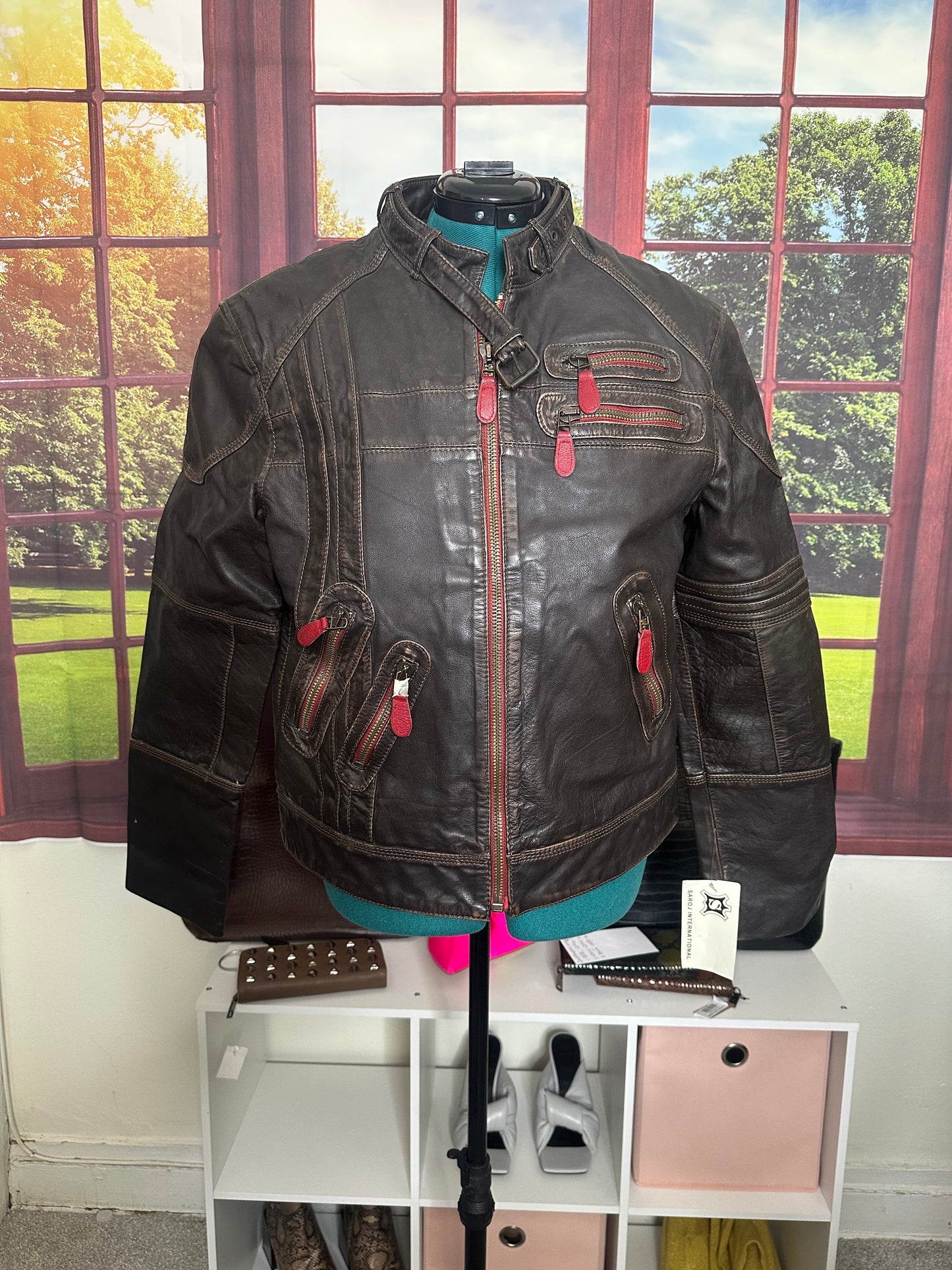 BuKowSkies Brown Leather Moto jacket with red trim sz M