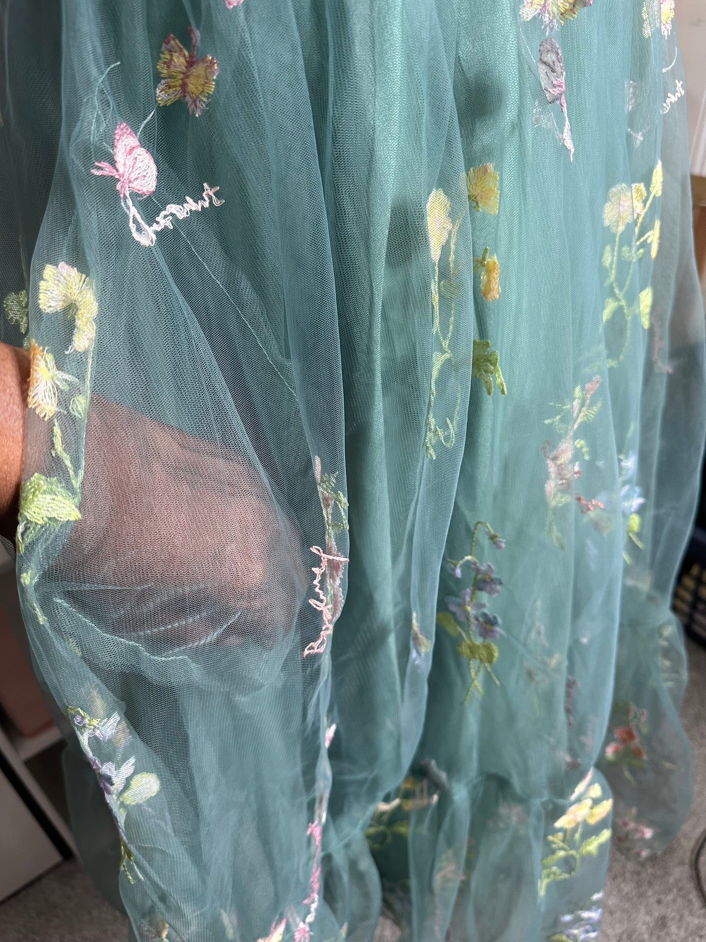 Sage green chiffon, midi dress with corset back, and embroidered detailed. Size 14.