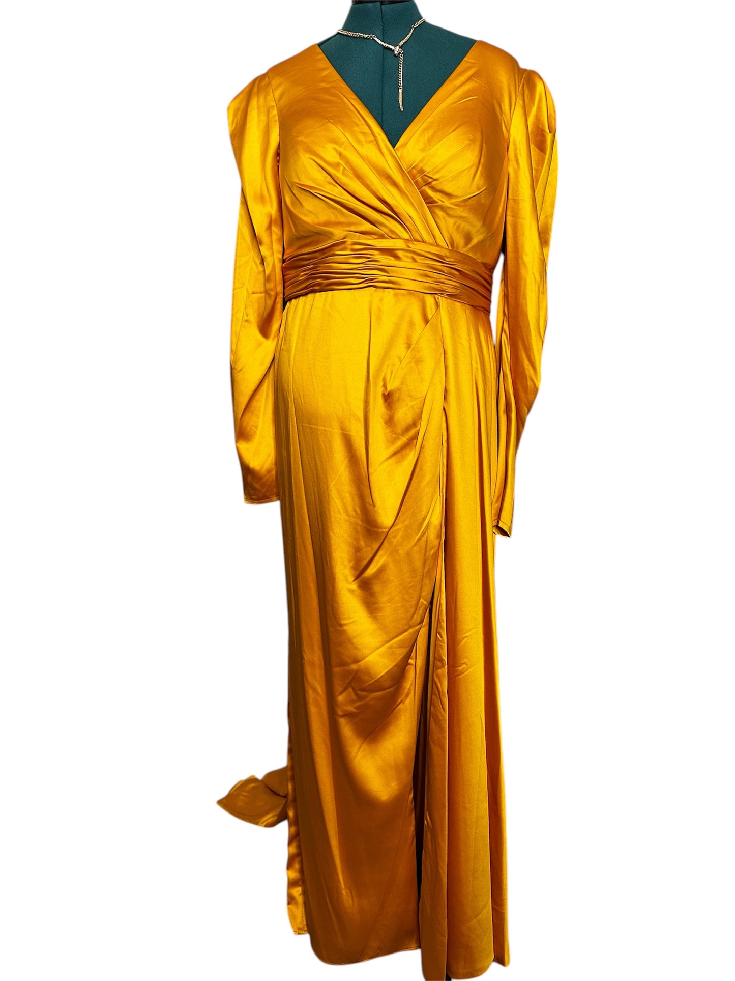 Mac Duggal 12404 FAUX WRAP A LINE GOWN Formal Dress in Marigold size 14