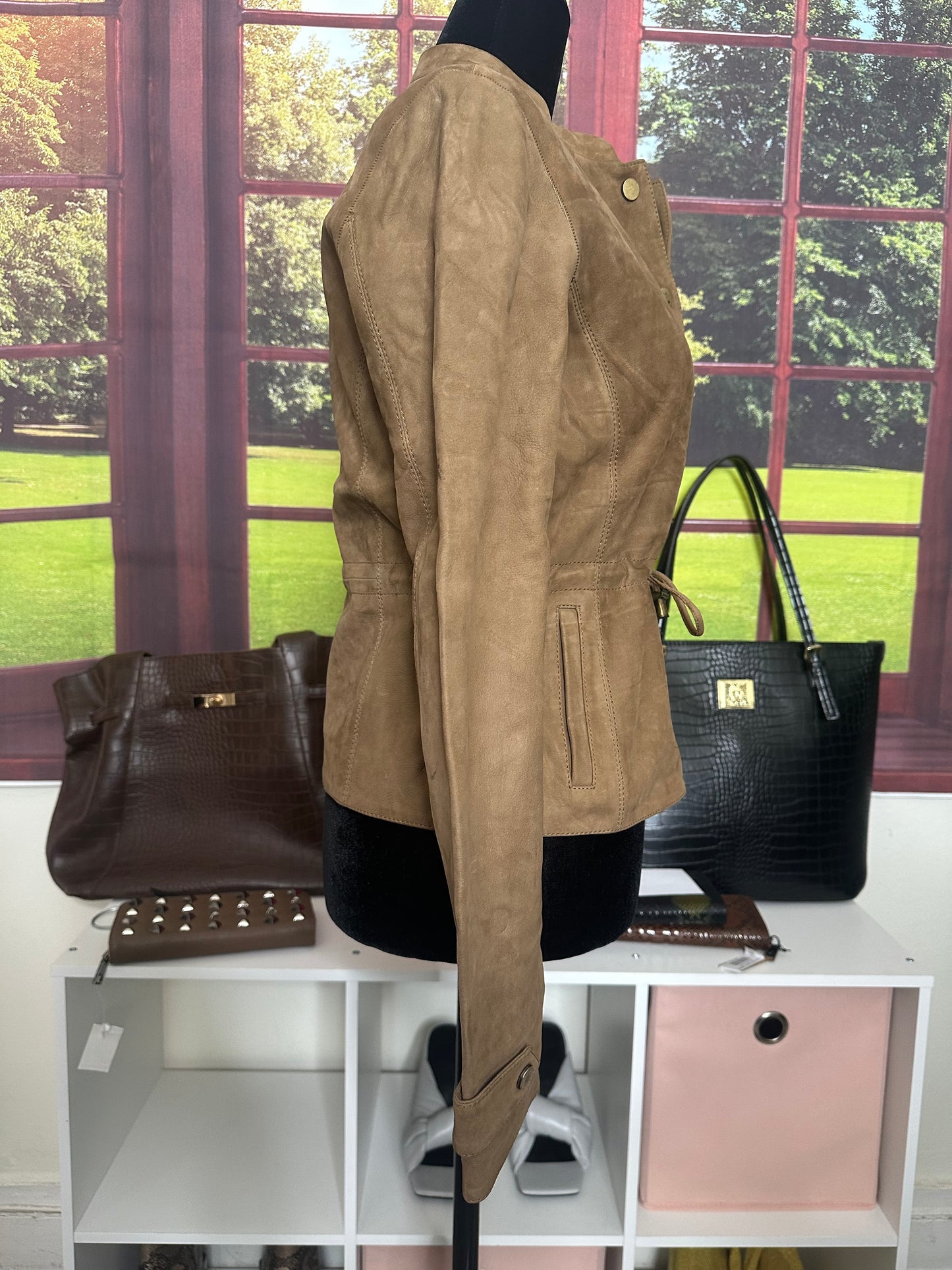 NWOT Sample Khaki 100% Suede Leather jacket with Tie Waist sz S