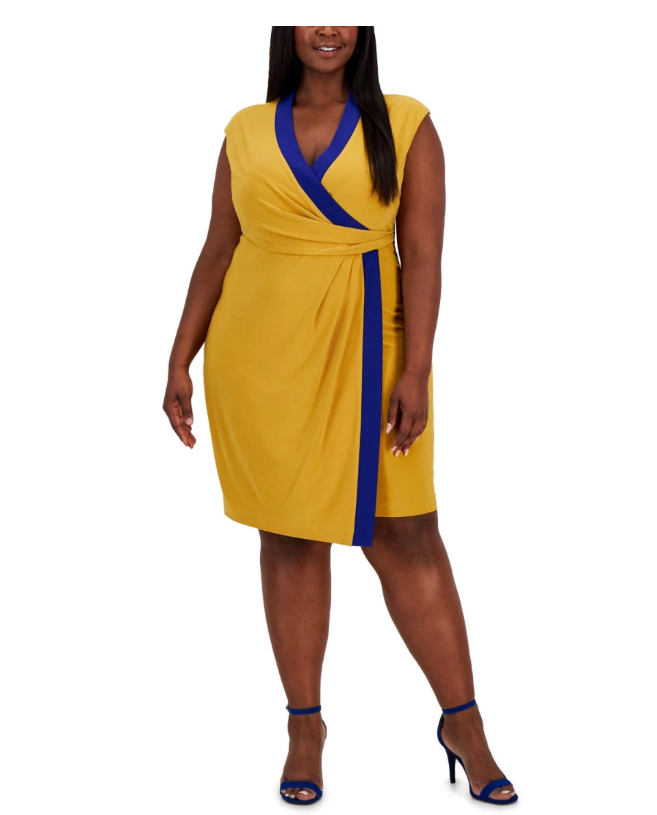 Kasper Plus Faux Wrap Cocktail Dress Gold and Blue