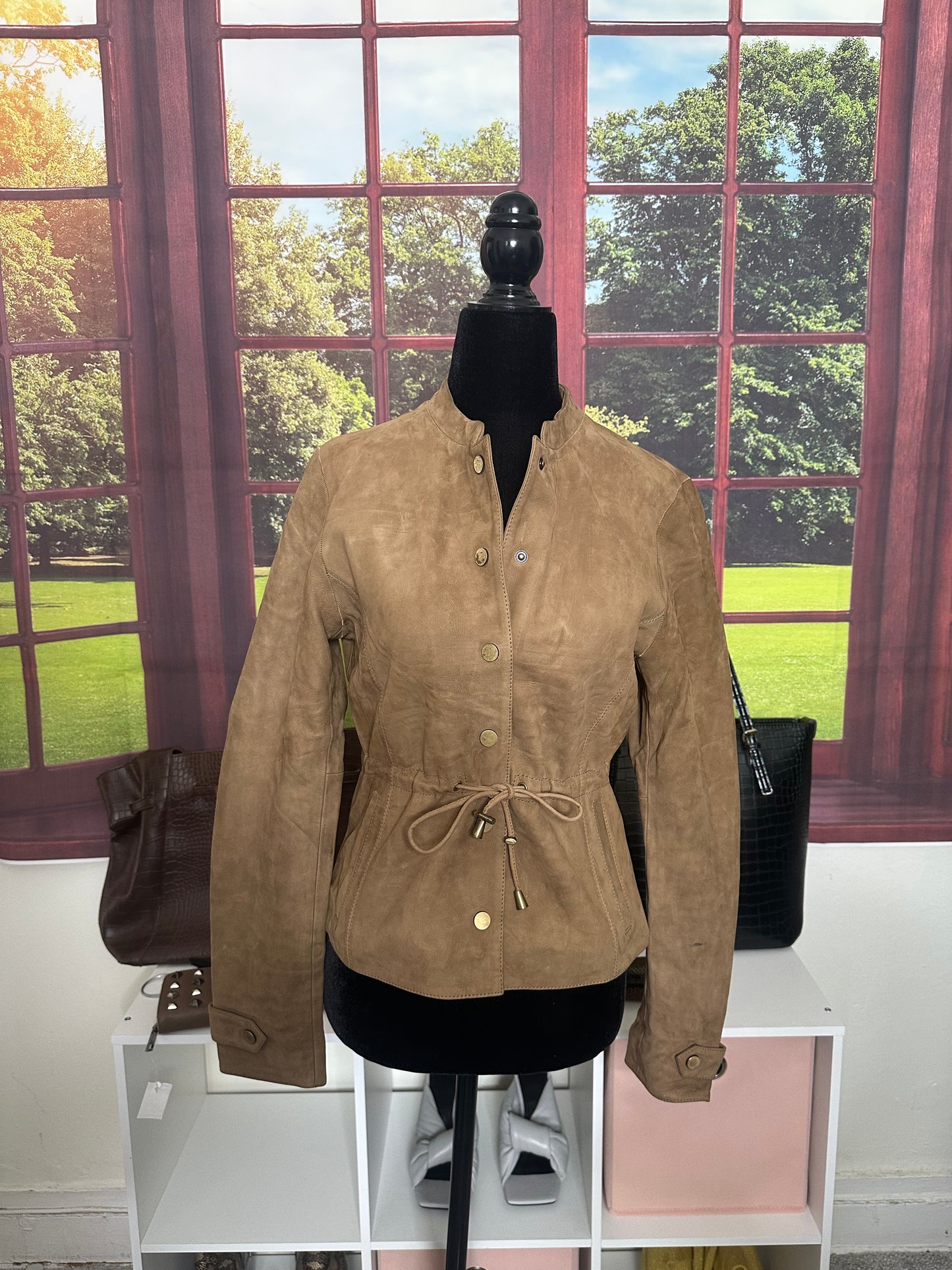 NWOT Sample Khaki 100% Suede Leather jacket with Tie Waist sz S