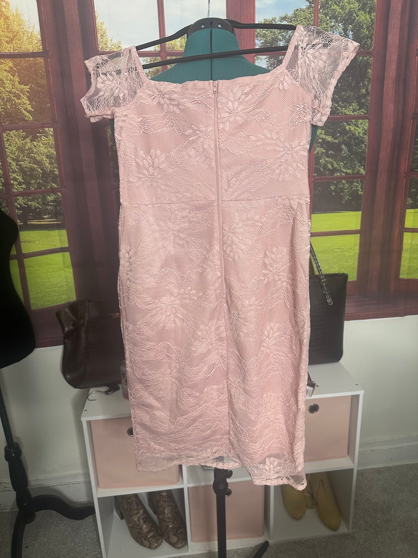 NWOT Dusty pink dress w/ lace overlay sz S