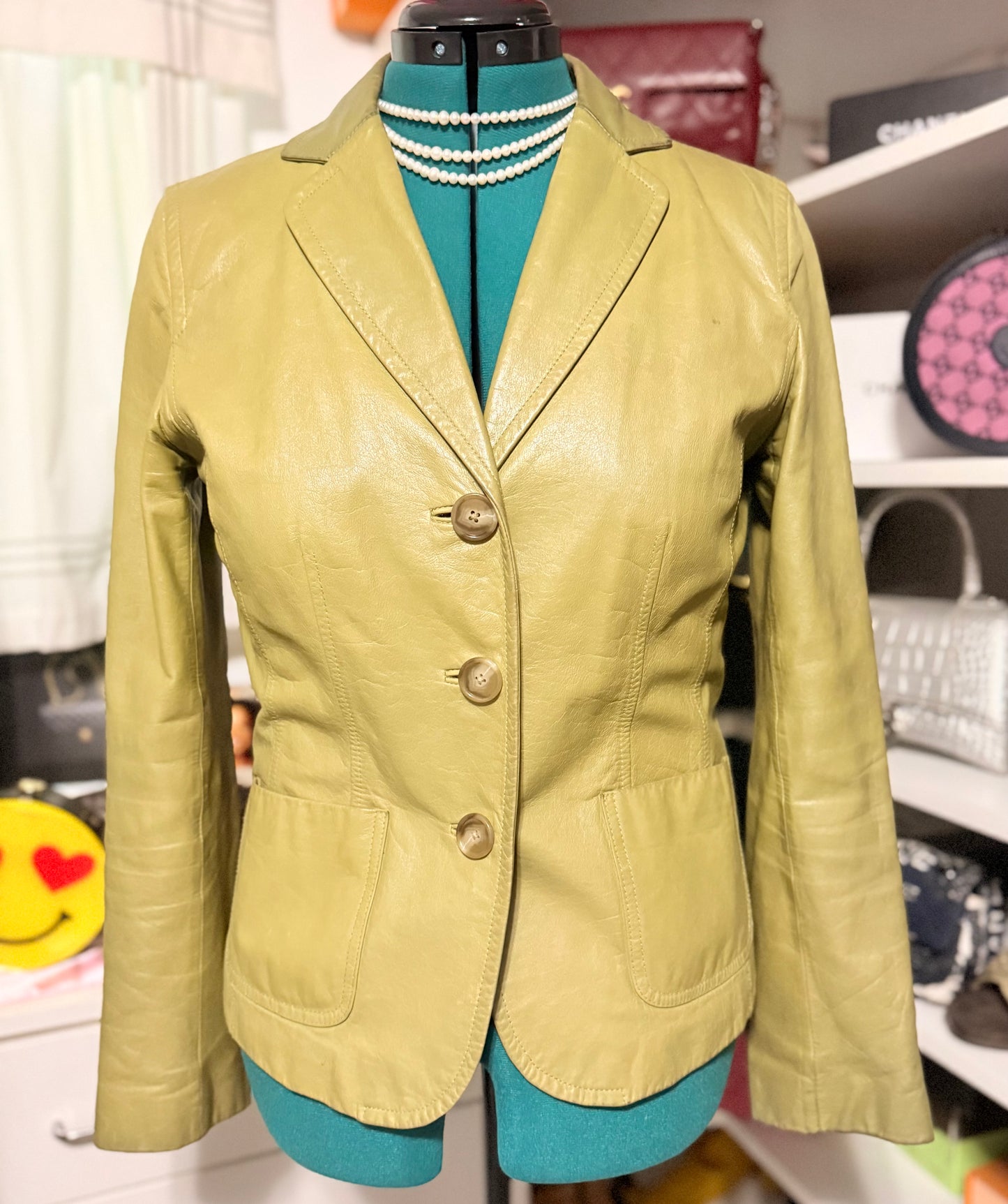 Ann Taylor genuine, leather, apple green jacket Sz 8