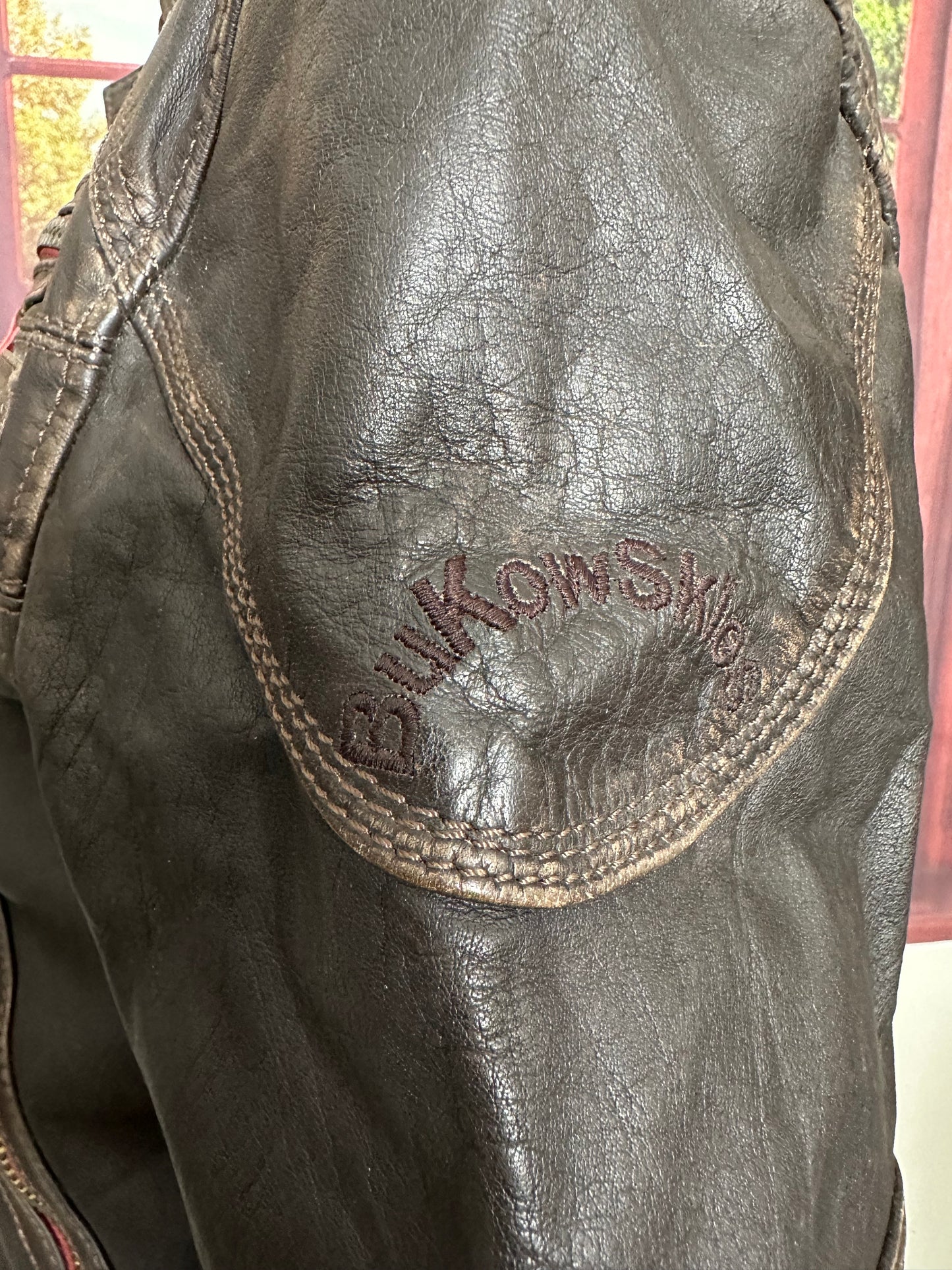 BuKowSkies Brown Leather Moto jacket with red trim sz M