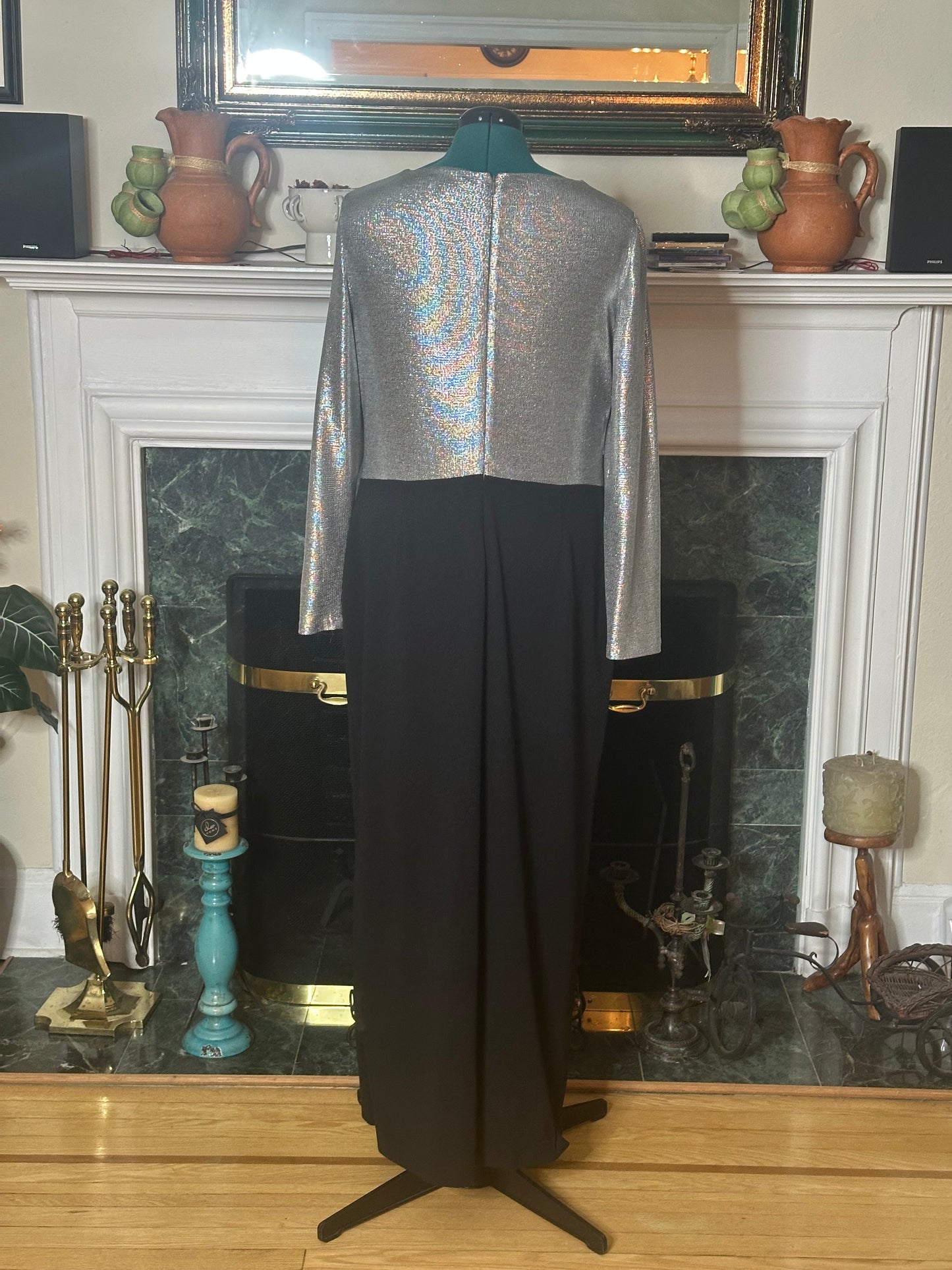 Lauren Ralph Lauren Long Sleeve Maxi Black Sheath Evening Dress Silver Bodice Sz 16