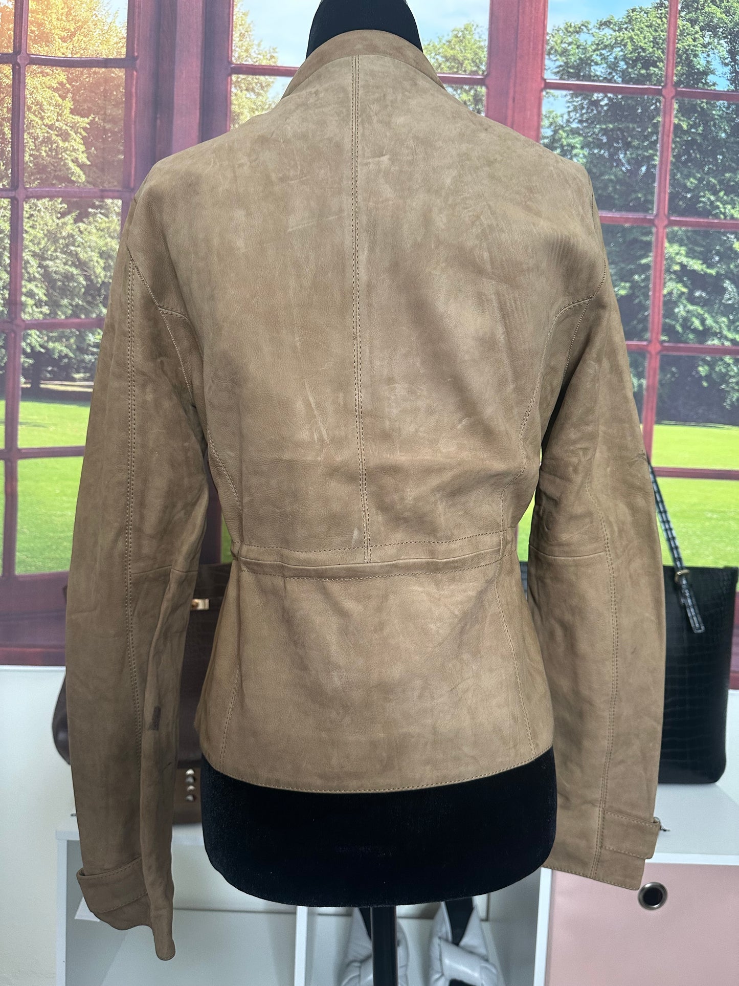 NWOT Sample Khaki 100% Suede Leather jacket with Tie Waist sz S