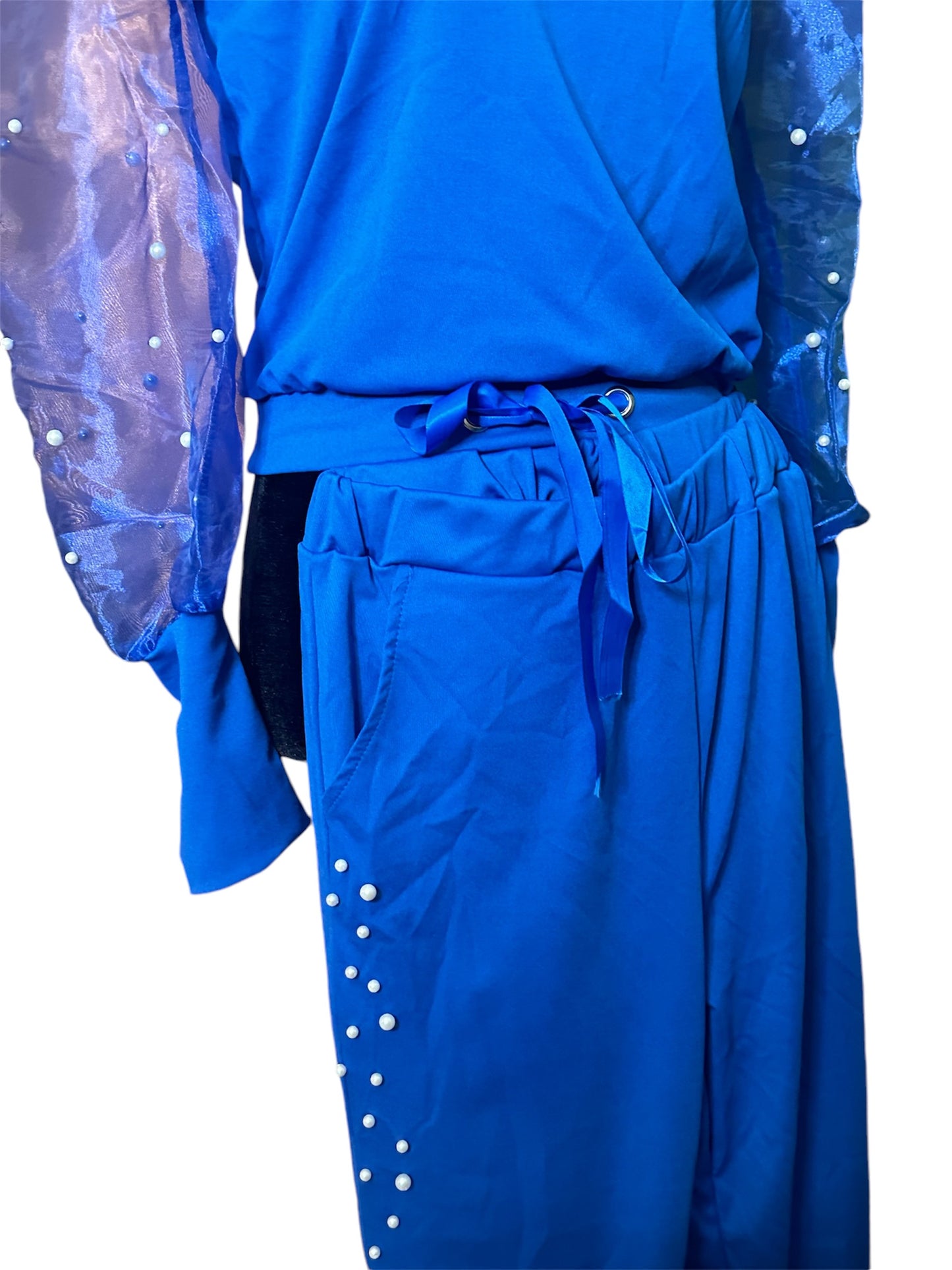 Royal Blue 2pc pants set w/ pearls