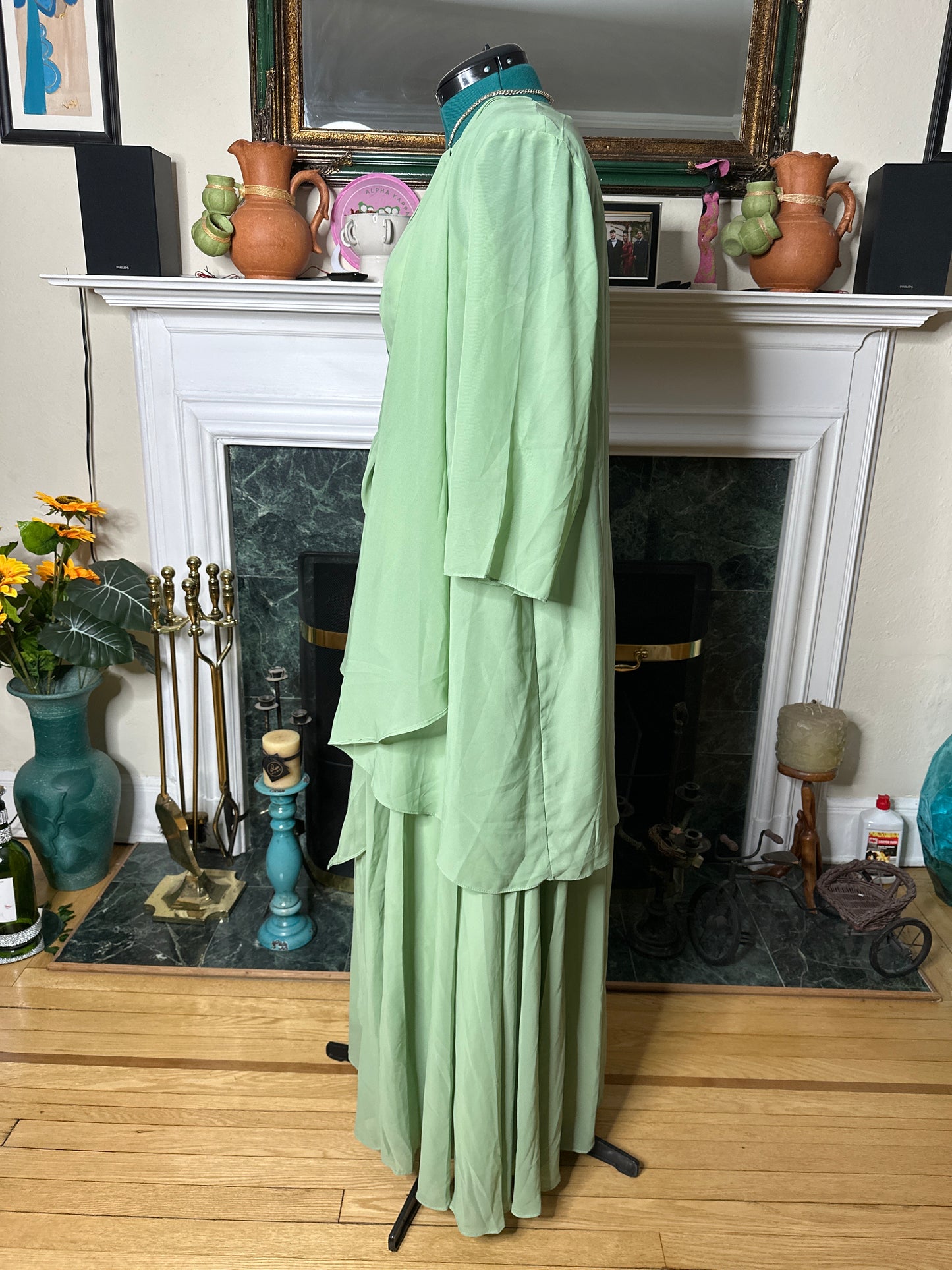 Sage green dress gown with sheer jacket and pockets sz 12 best fits sz 10
