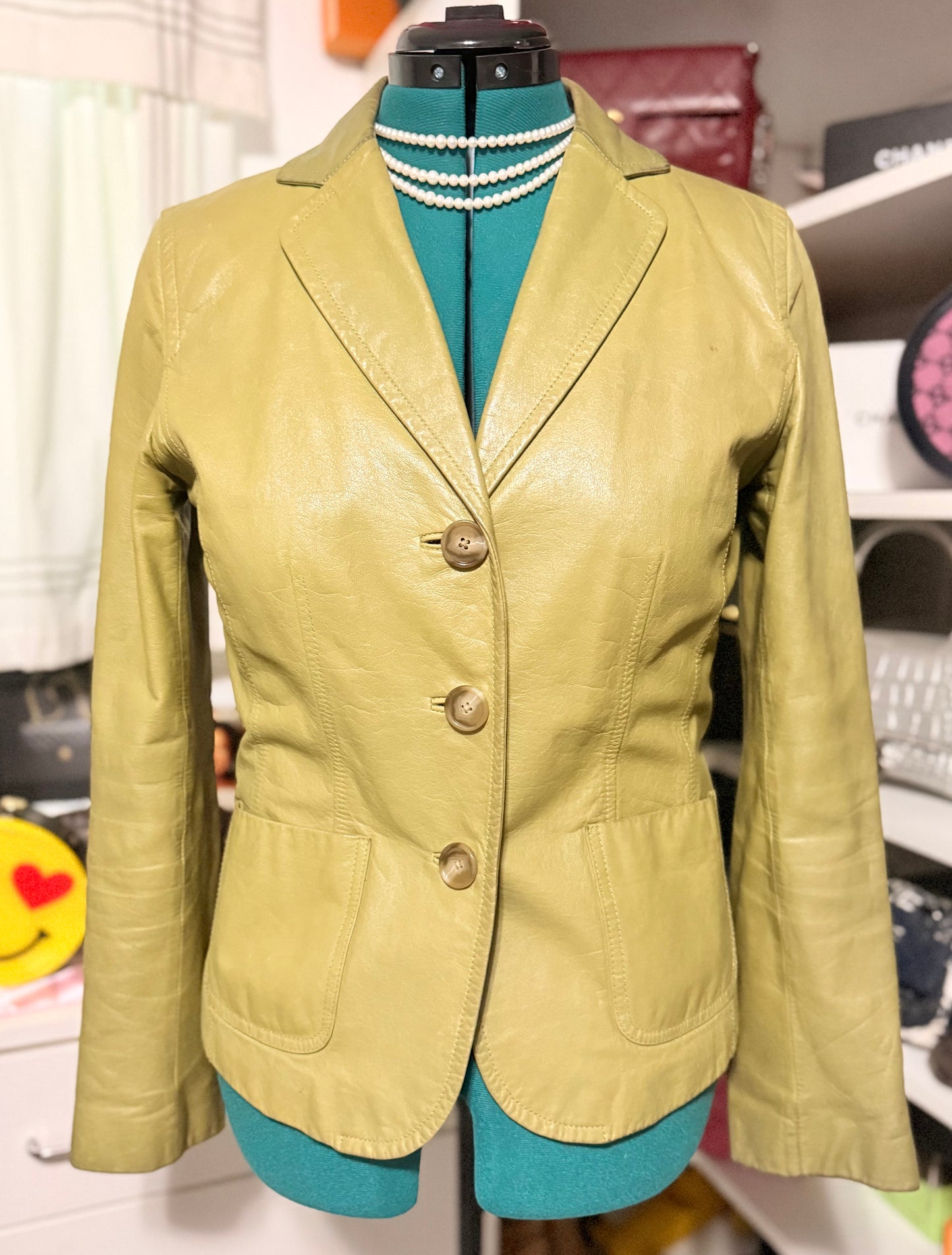 Ann Taylor genuine, leather, apple green jacket Sz 8
