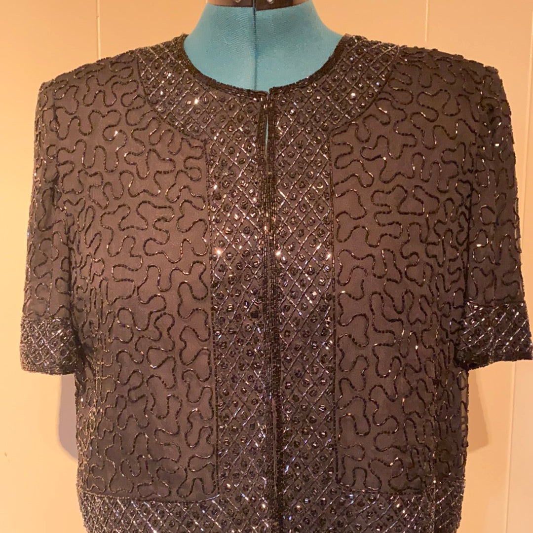 BRILLANTE 100% SILK BLACK SEQUIN EVENING JACKET SZ XL