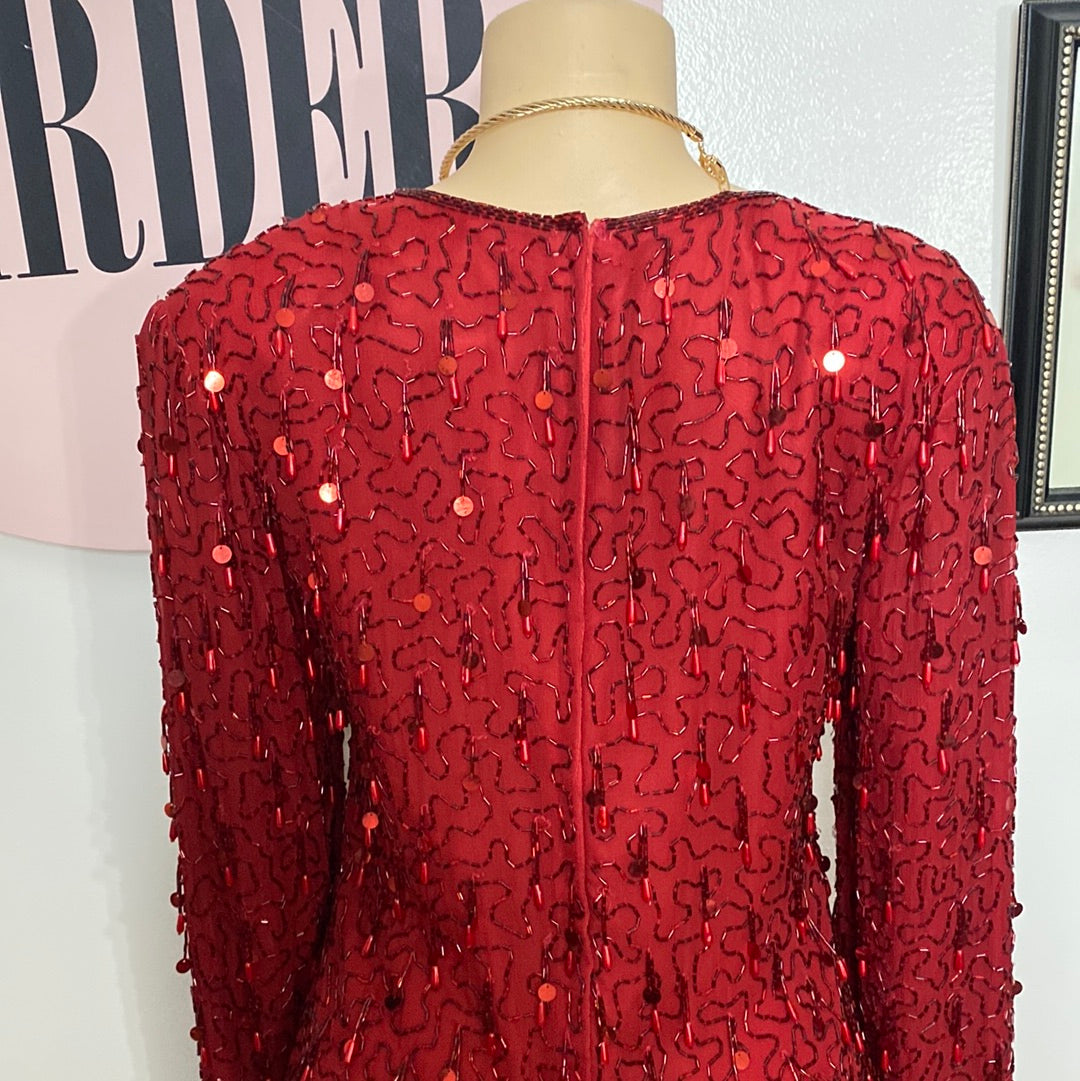 VINTAGE RED HANGING SEQUIN EVENING DRESS 100% SILK SZ L *LOOSE STRINGS L SHOULDER P2P 19"