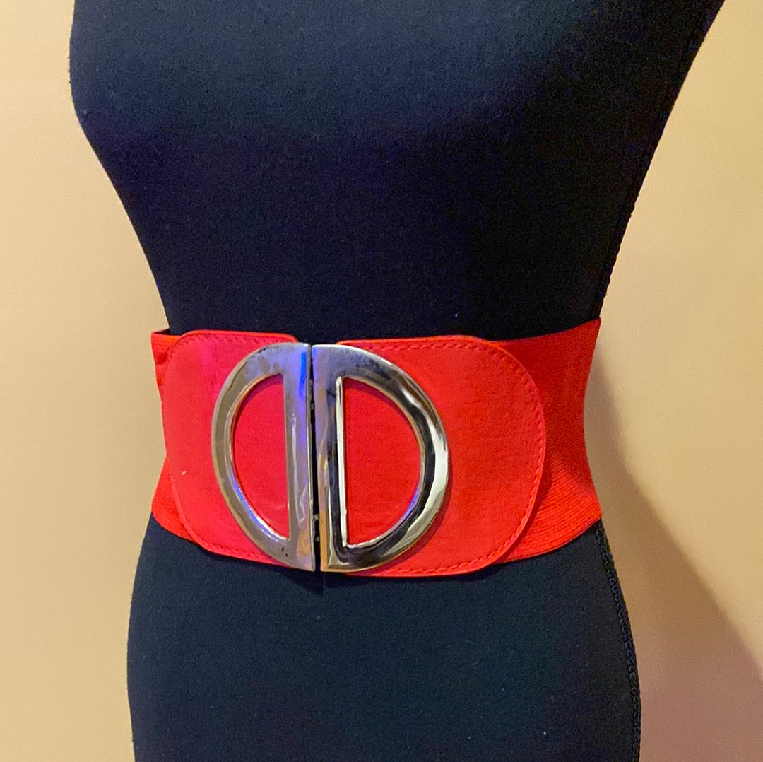 021822 Red Elastic gold HW belt Sz S/M