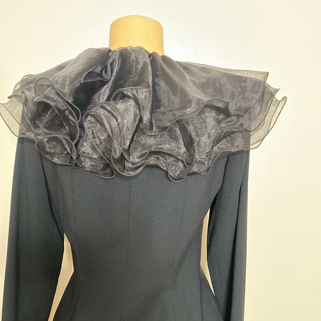 912 BLACK EVENING COCKTAIL RUFFLE NECK DRESS W/RHINESTONE BUTTONS SZ 10