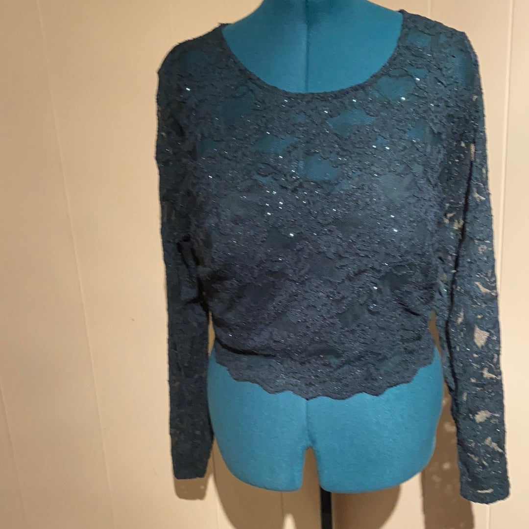 030622 NWT CITY STUDIO GREEN SPARKLE LACE TOP SZ 20W