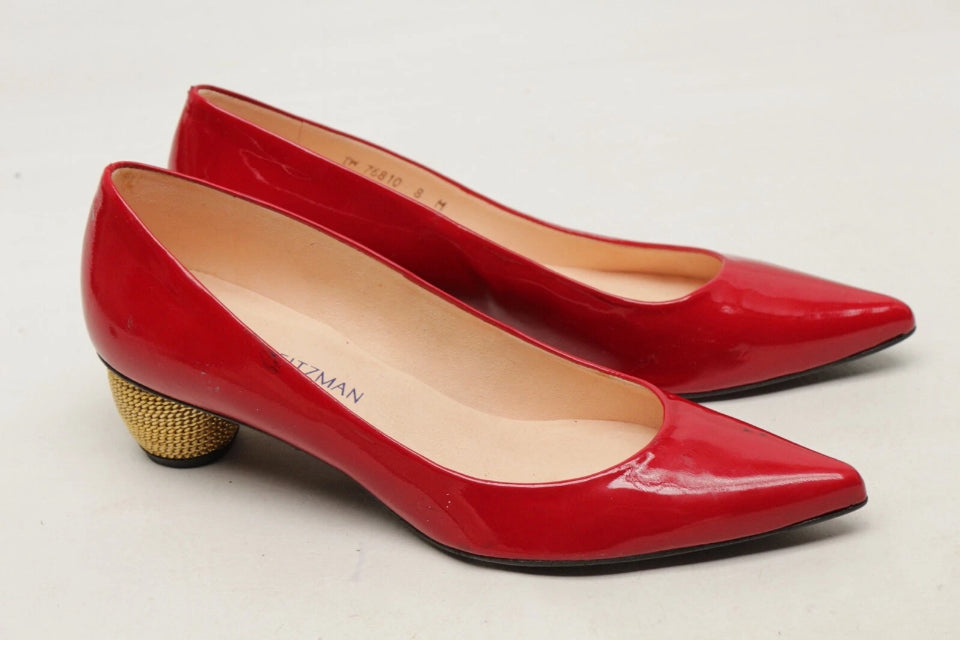 Stuart Weitzman Red Patent Pump With Gold Chain Heel sz 8
