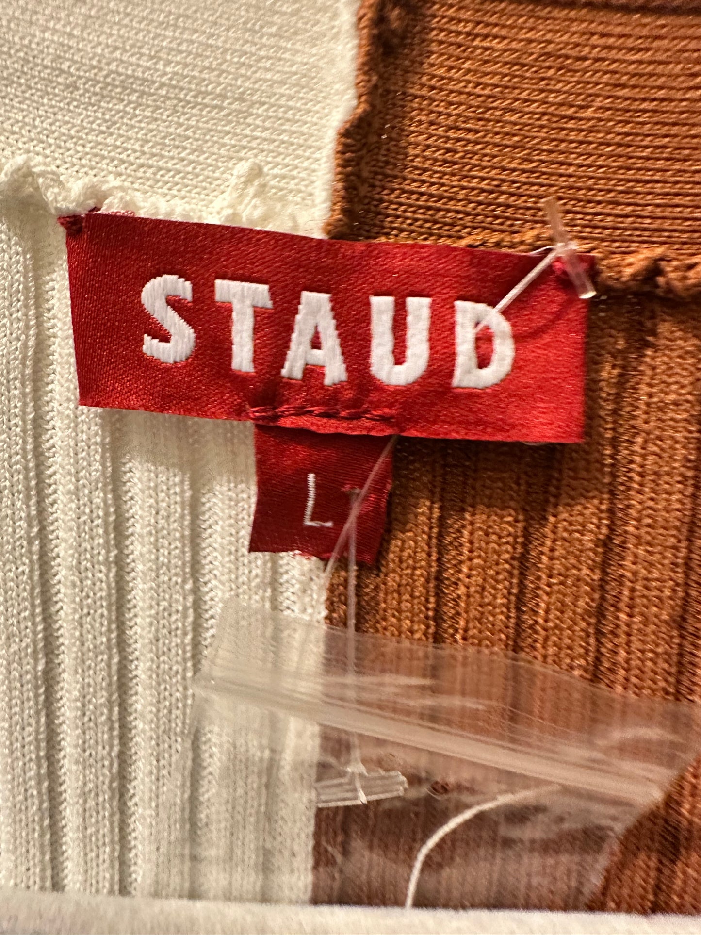 Staud Long Sleeve Knit Dress in Cream and Brown Sz L NEW