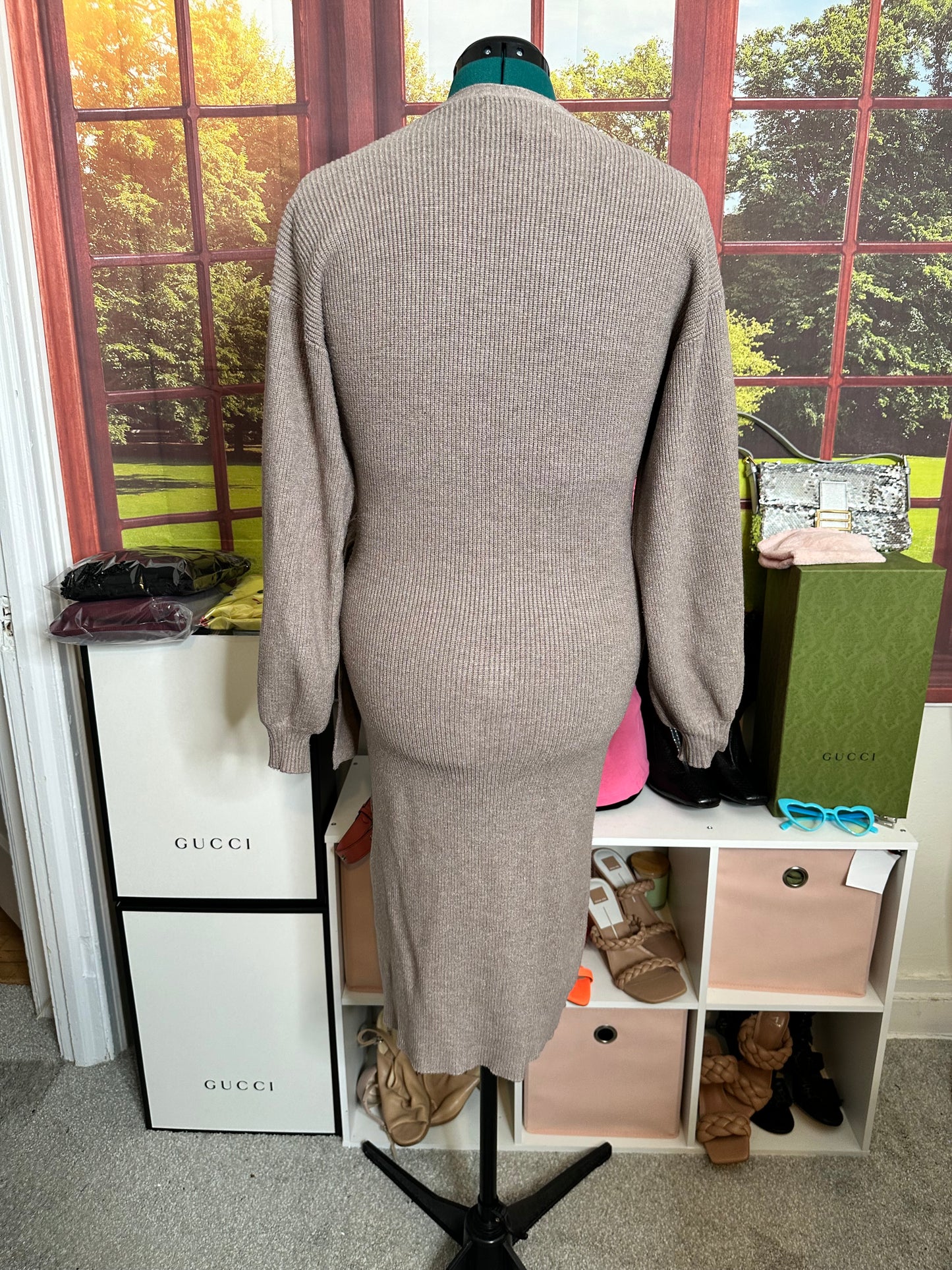 Charles Henry Taupe Sweater Dress with Balloon sleeves sz L