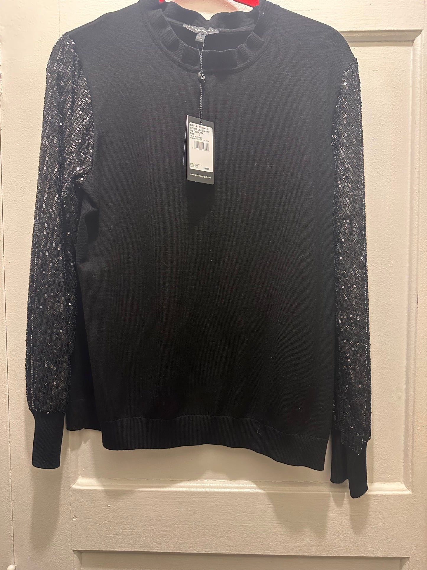 Adrianna Papell Women’s  Mock Ruffle Neck Sequin Sleeve Sweater-Size L-Black-NWT