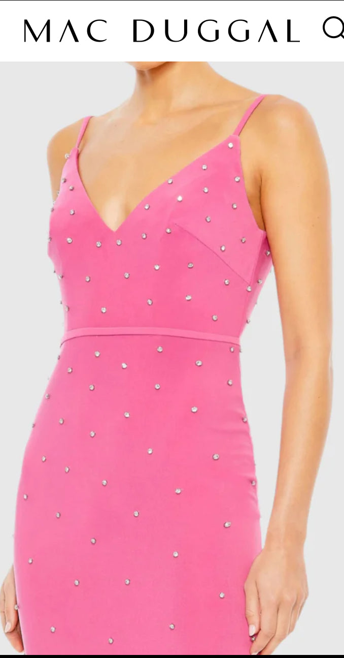 NWT Mac Duggal Pink rhinestone embellished sleeveless V-neck gown, size 4