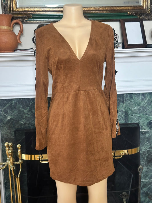 NWT BooHoo Cognac  Faux Suede Dress sz L best fits M