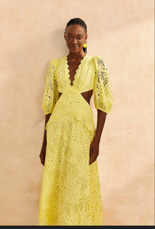Farm Rio Sunshine Yellow Eyelet Cutout Dress Sz L