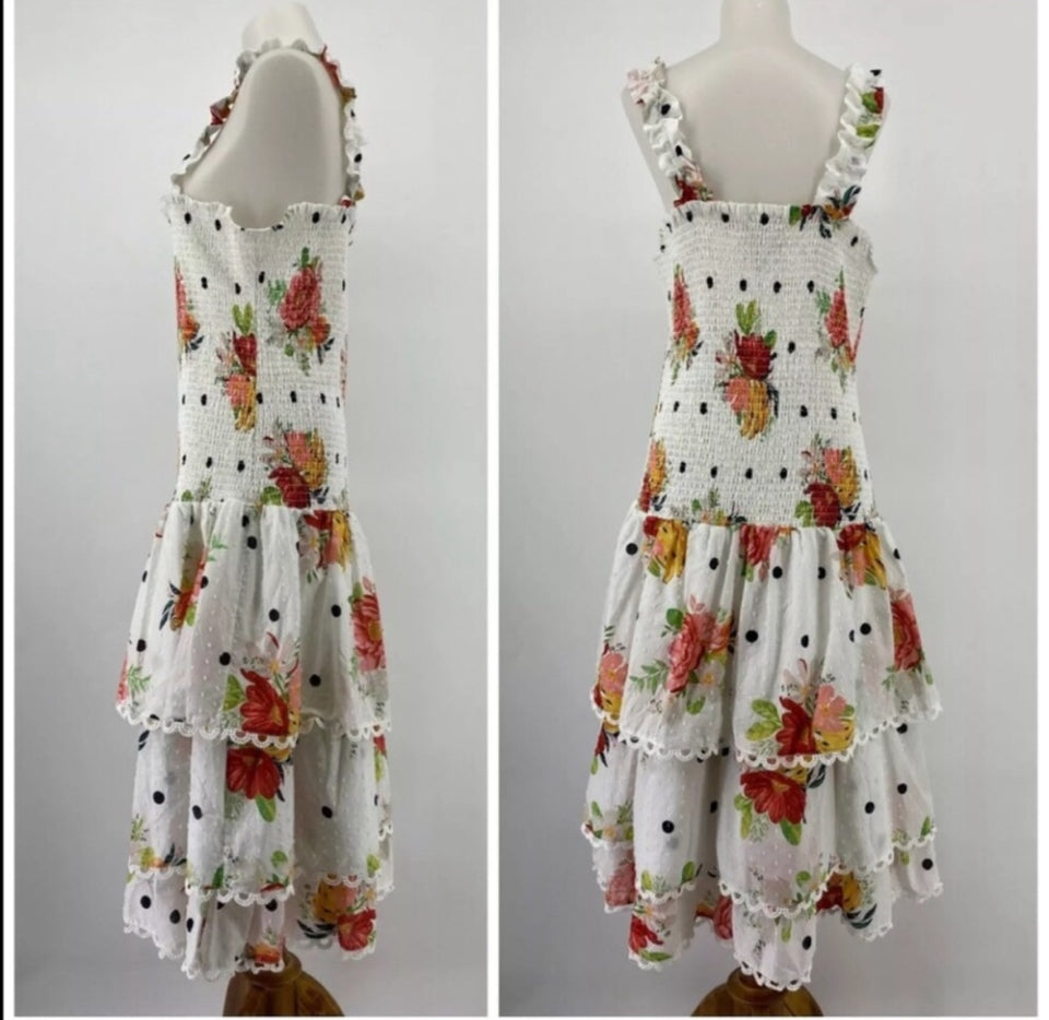 Farm Rio White Nanaju Midi Ruffle Dress Sz M