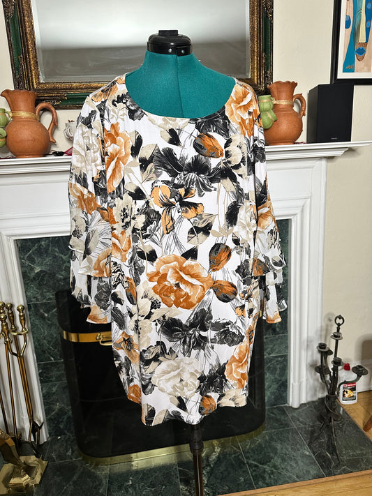 Susan Graver Blk/Orange Floral top ruffle sleeves sz 3X