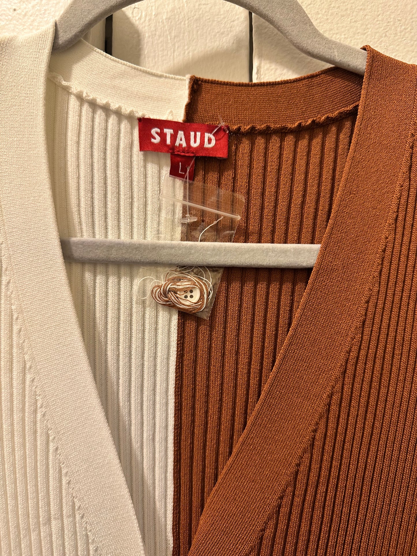 Staud Long Sleeve Knit Dress in Cream and Brown Sz L NEW