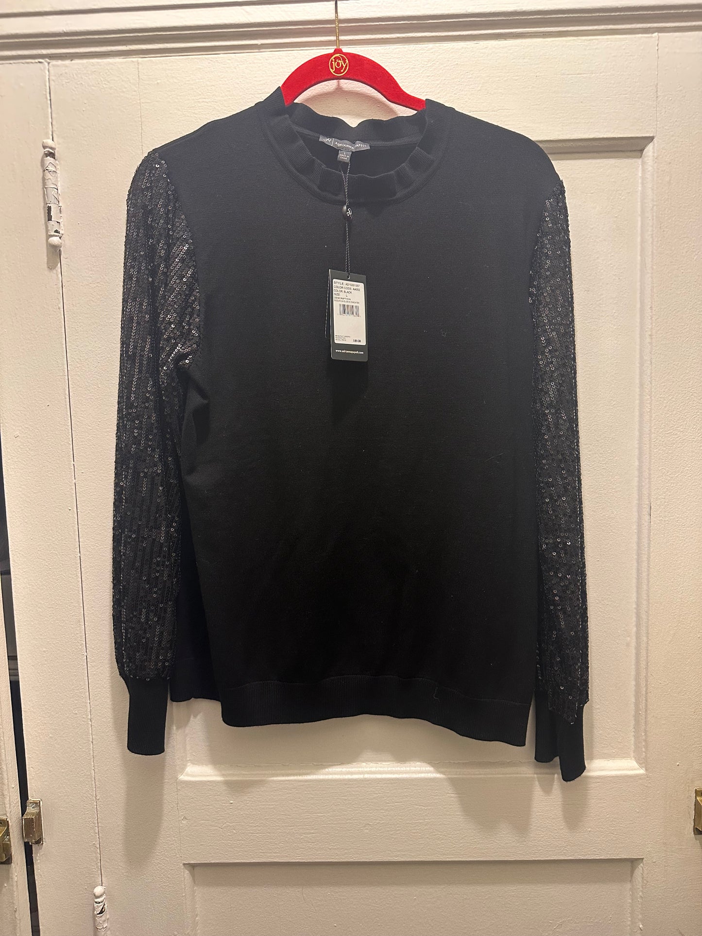 Adrianna Papell Women’s  Mock Ruffle Neck Sequin Sleeve Sweater-Size L-Black-NWT