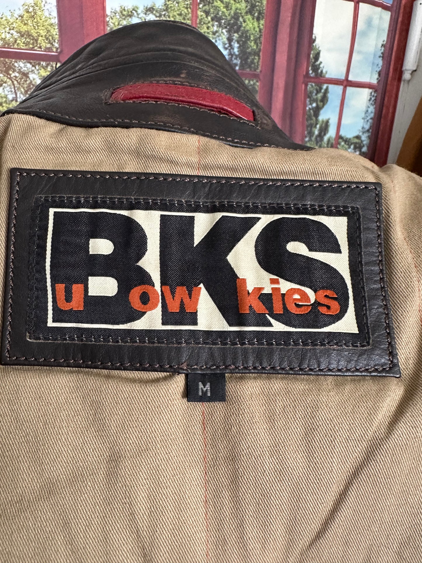 BuKowSkies Brown Leather Moto jacket with red trim sz M