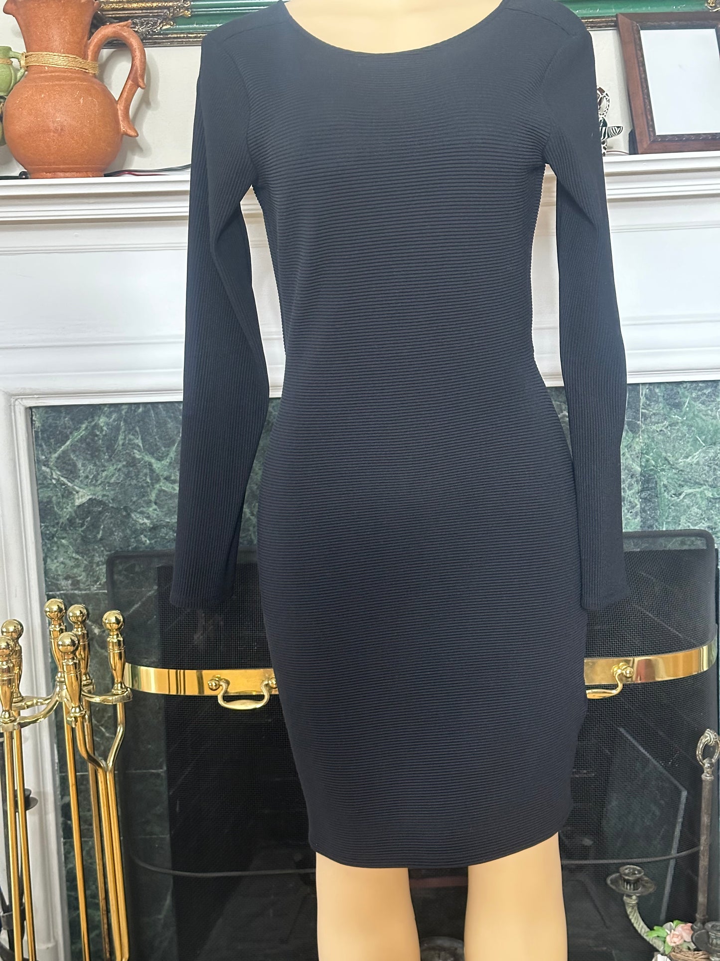 Preloved Express Black Open Back Ribbed Bodycon Dress sz M