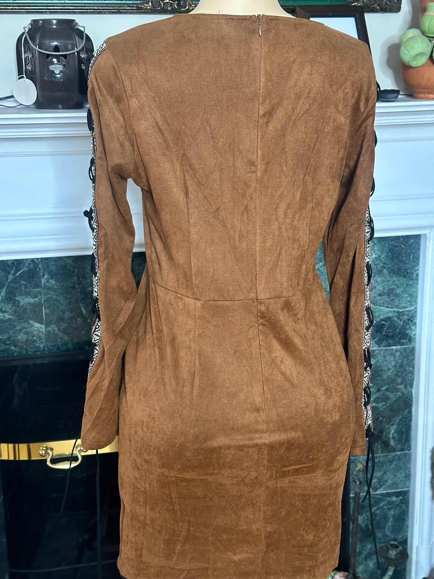 NWT BooHoo Cognac  Faux Suede Dress sz L best fits M