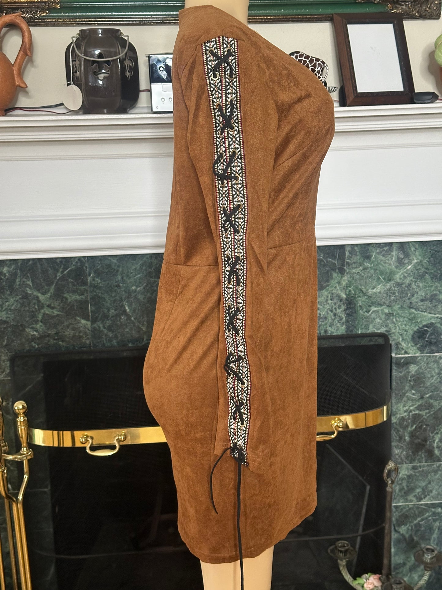 NWT BooHoo Cognac  Faux Suede Dress sz L best fits M
