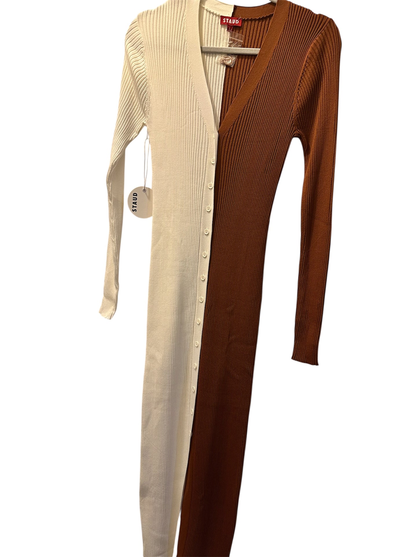Staud Long Sleeve Knit Dress in Cream and Brown Sz L NEW