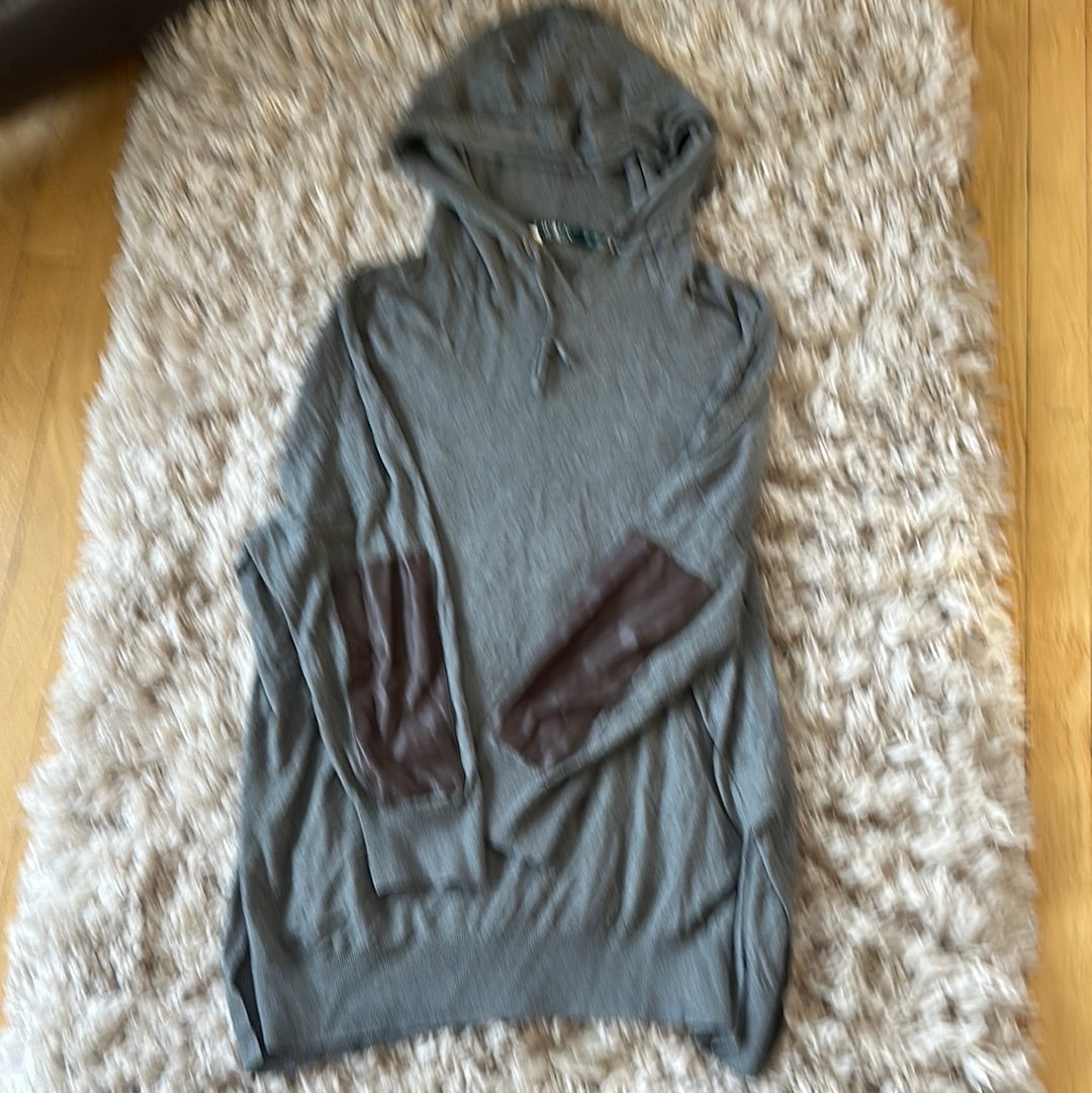 GREY HOODIE W/ BRWN LEATHER PATCHES SZ 2X
