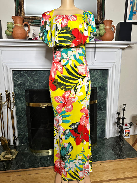 Preloved Yellow Print Off Shoulder maxi dress sz L fits M best