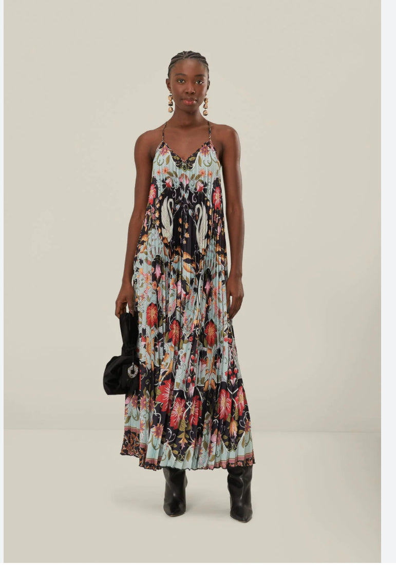 Farm Rio Pleated Sleeveless Dress Black Fkoral Print sz M