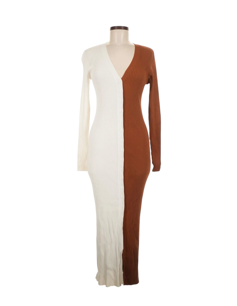 Staud Long Sleeve Knit Dress in Cream and Brown Sz L NEW