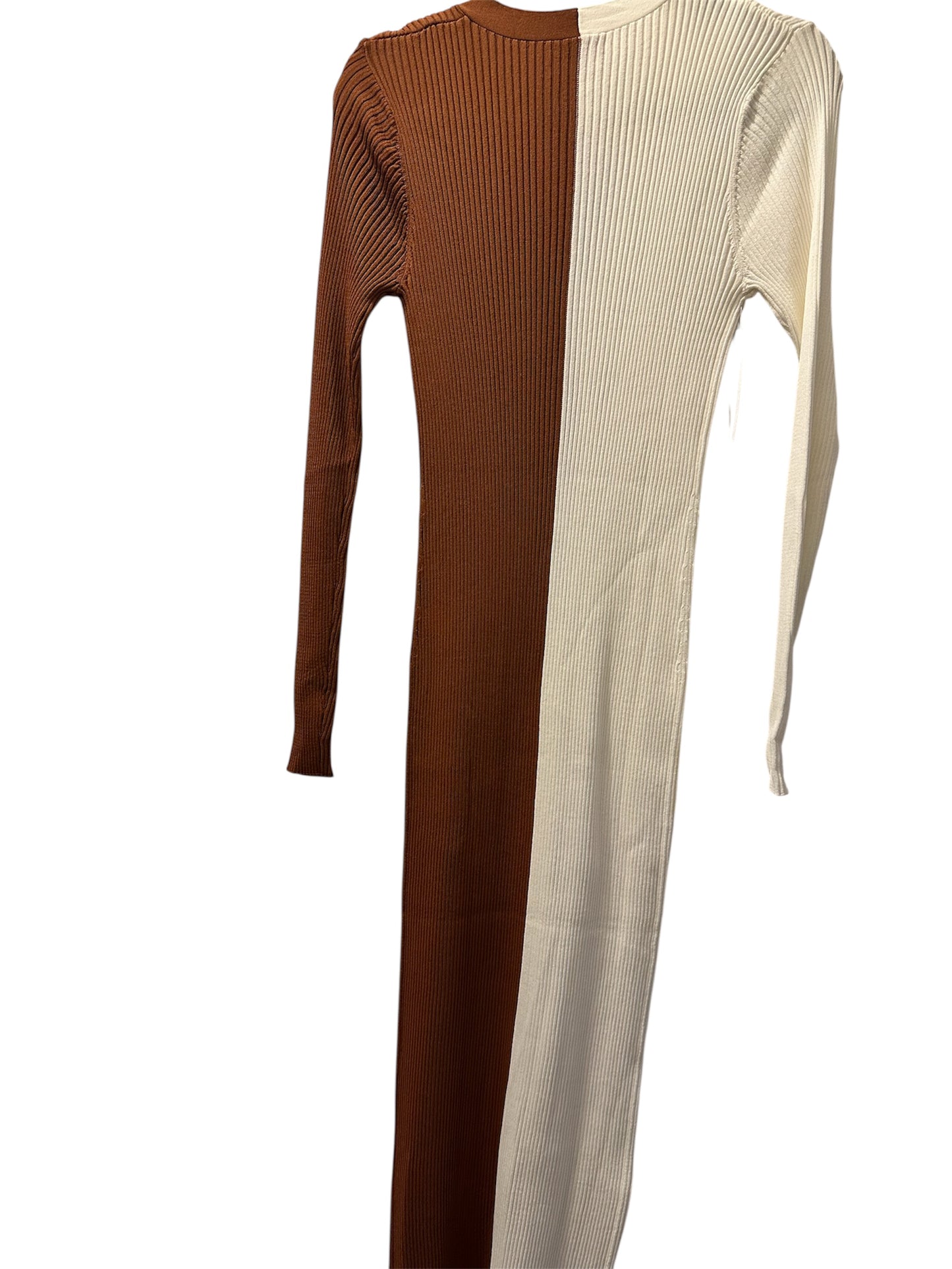 Staud Long Sleeve Knit Dress in Cream and Brown Sz L NEW