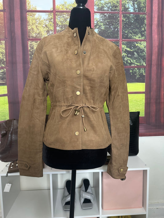 NWOT Sample Khaki 100% Suede Leather jacket with Tie Waist sz S