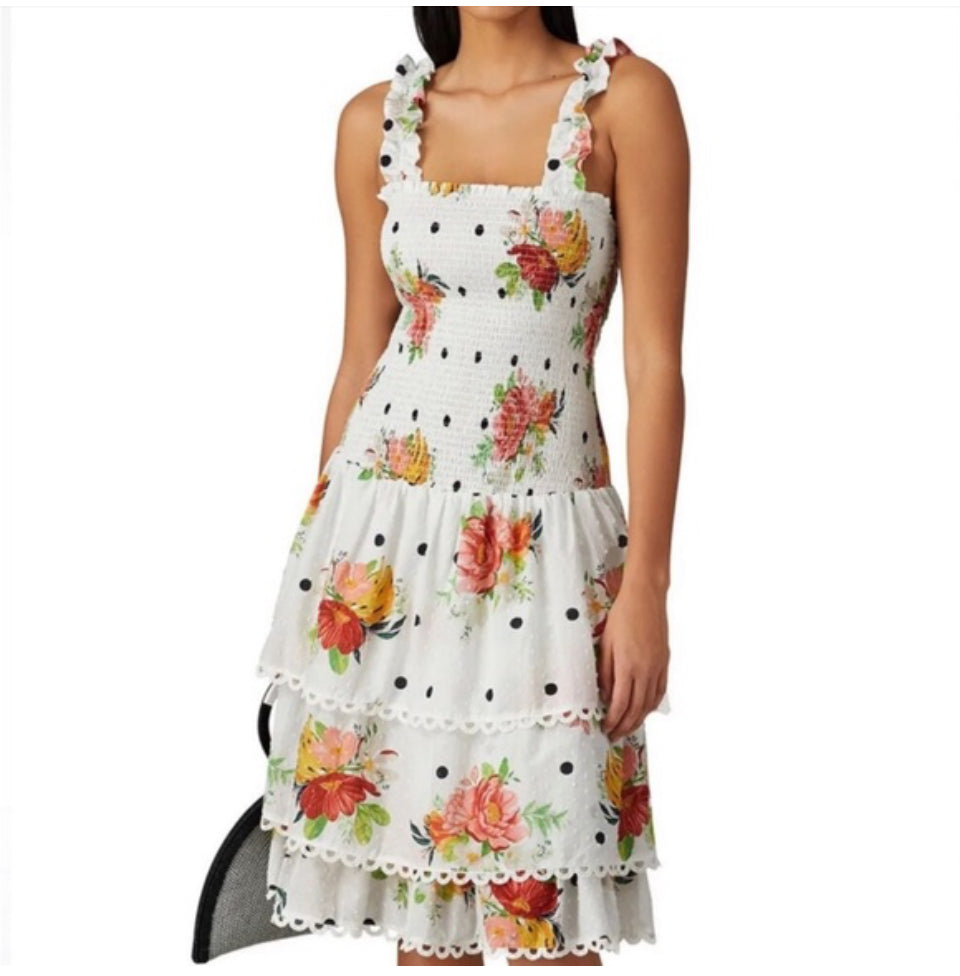 Farm Rio White Nanaju Midi Ruffle Dress Sz M
