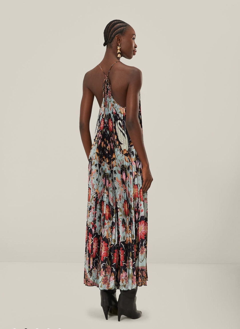 Farm Rio Pleated Sleeveless Dress Black Fkoral Print sz M