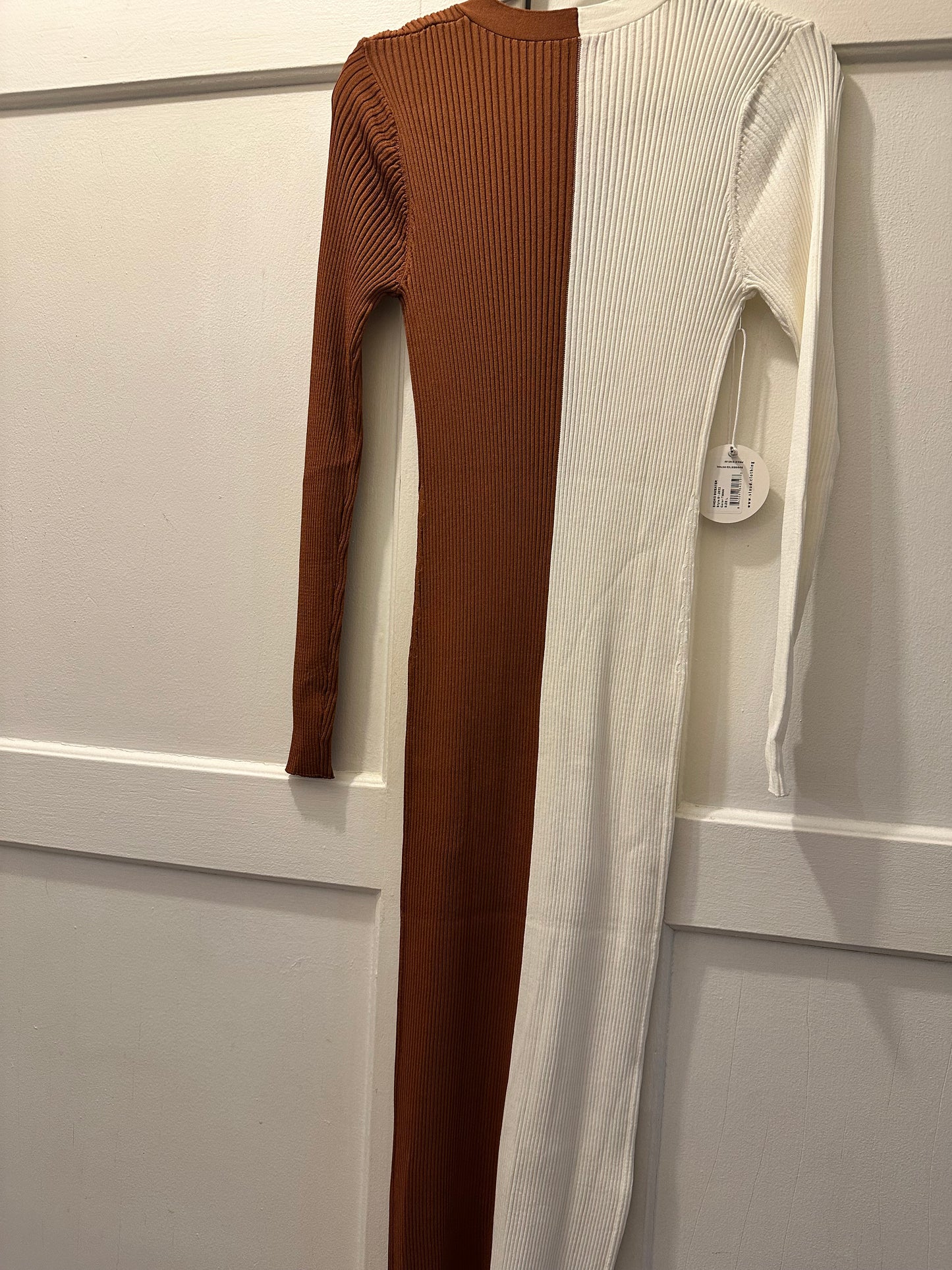 Staud Long Sleeve Knit Dress in Cream and Brown Sz L NEW