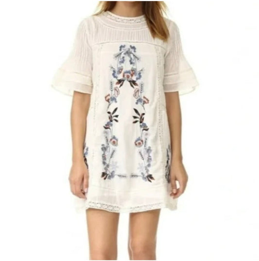 NWT Free People Perfectly Victorian ivory mini dress with blue and pink embroidery size L